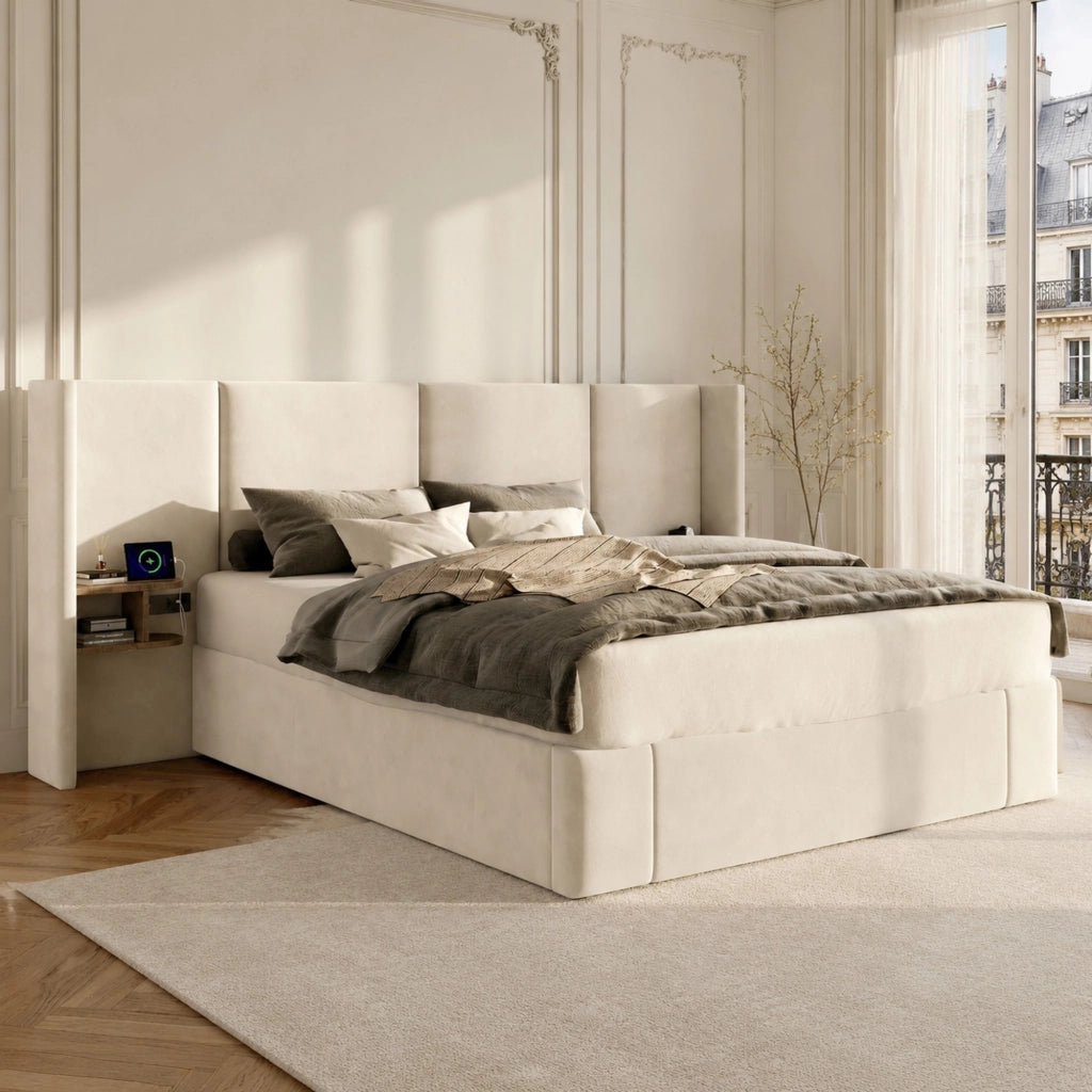 Letto contenitore 160x200 cm beige con USB, prese e comodini