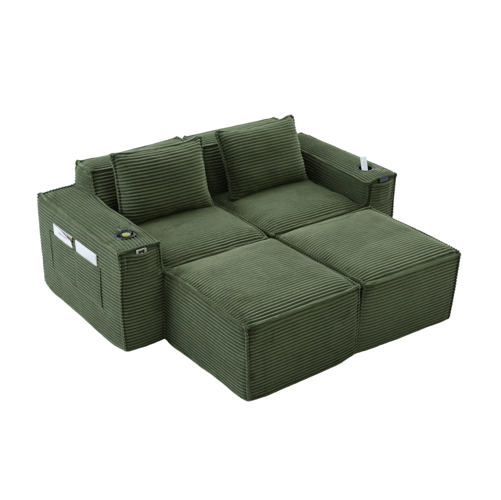 Divano modulare 2 posti con pouf, porta bicchieri e tasche laterali, verde