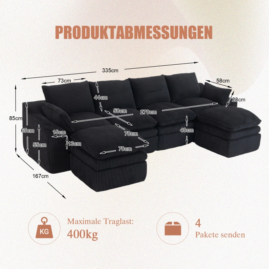 Divano modulare 4 posti in velluto con 2 pouf, cuscini e tasche laterali, schiuma a tre strati con molle, colore nero