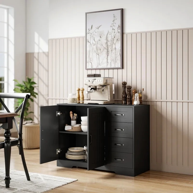Sideboard moderno nero, 105 x 40 x 76 cm, con 4 cassetti e 1 anta