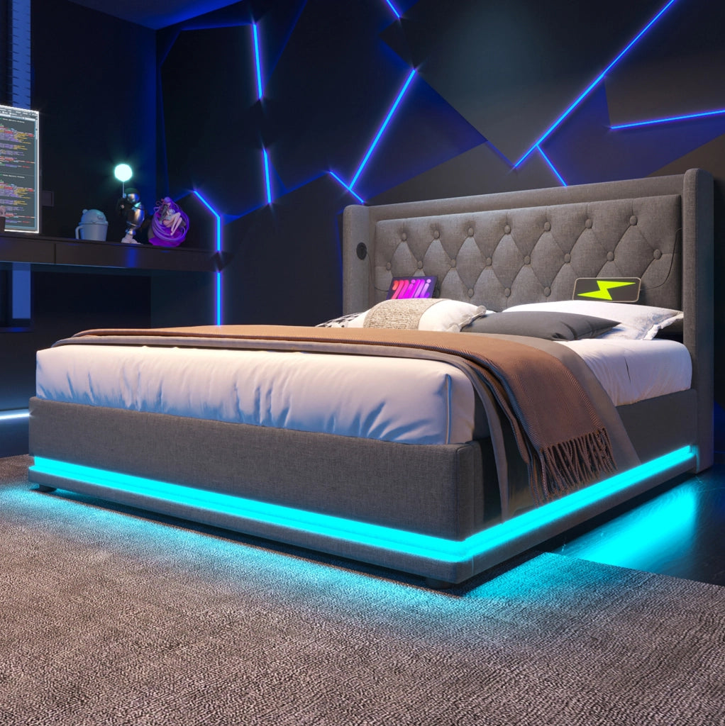 LETTO Contenitore 180x200 cm Grigio in Cotone con USB Type-C e LED