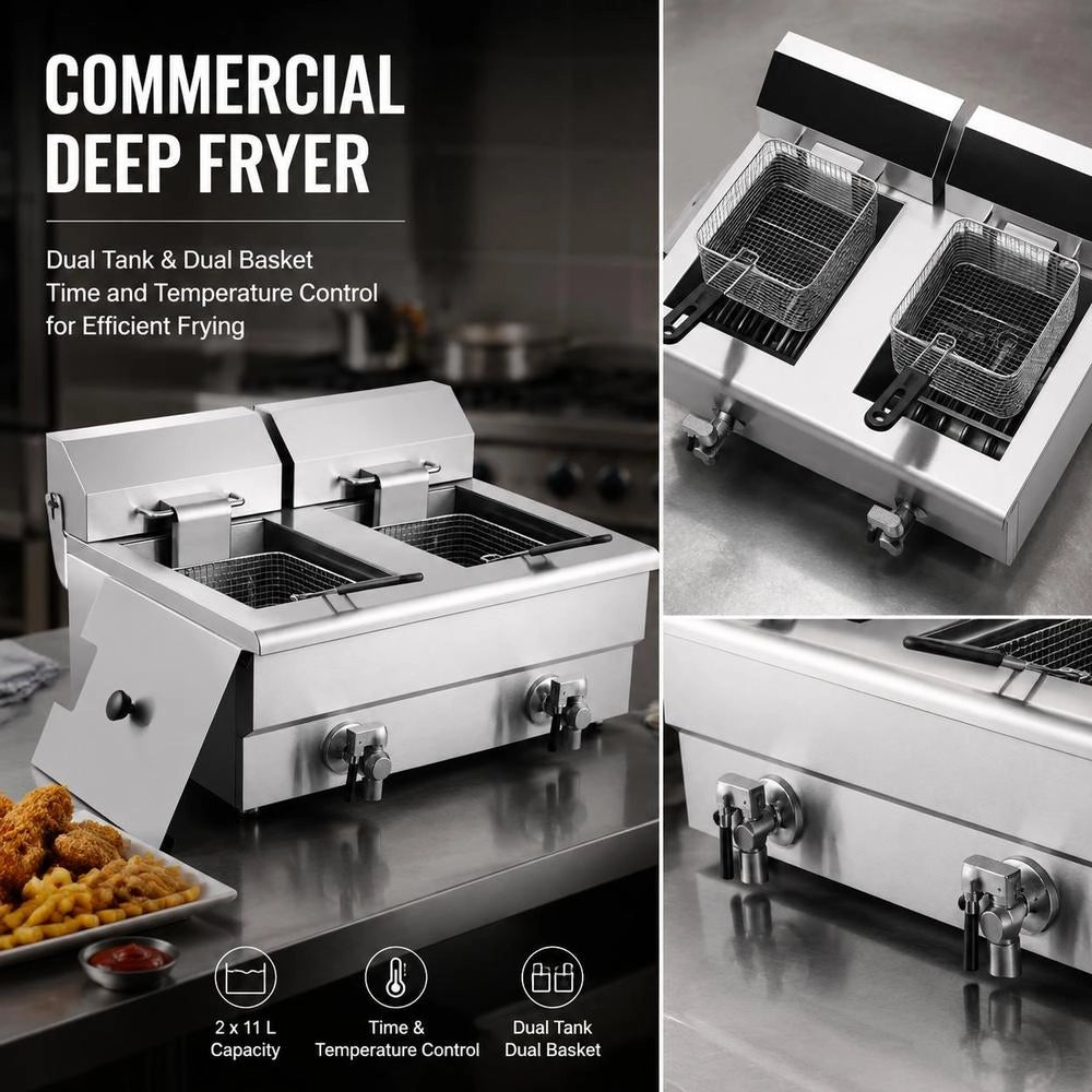 Commercial Fryer, Electric 3 KW Table Fryer With Double Tank & Basket, 2 X 11 L Double Oil Fryer Made Of Stainless Steel, Time And Temperature Control, For Kitchens And Restaurants