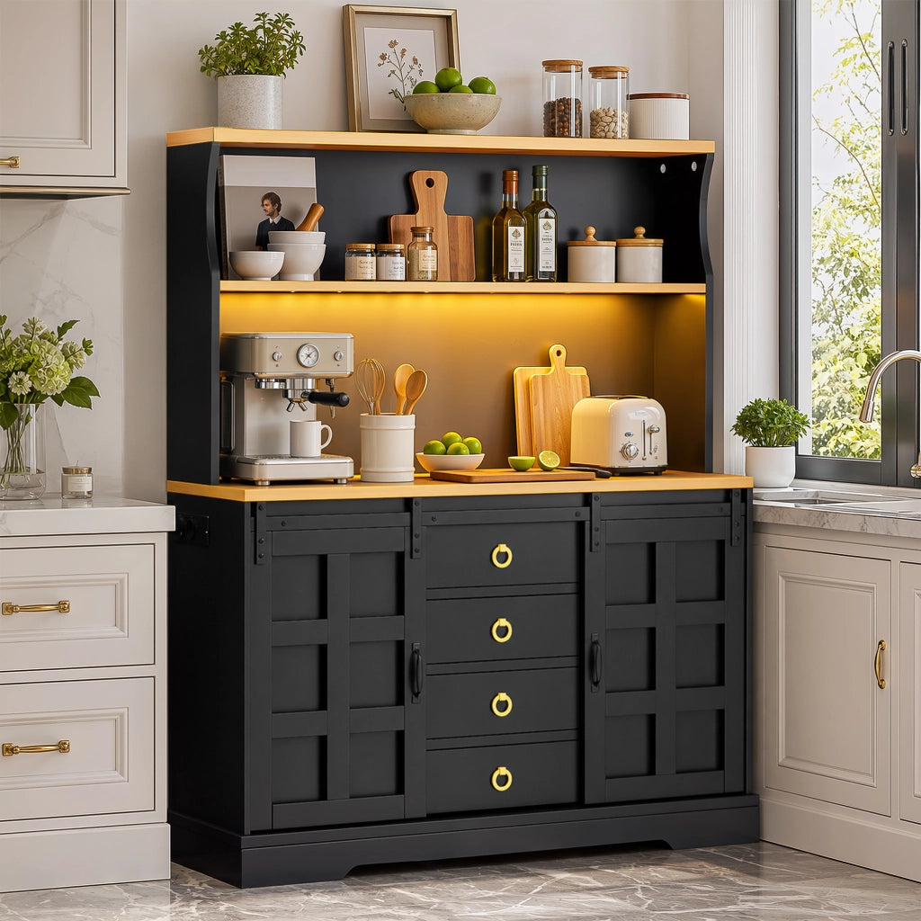 Credenza cucina con luci led 120x40x150 cm; mobile buffet con 4 cassetti e prese elettriche; cantinetta vino stile rustico; MDF nero e legno