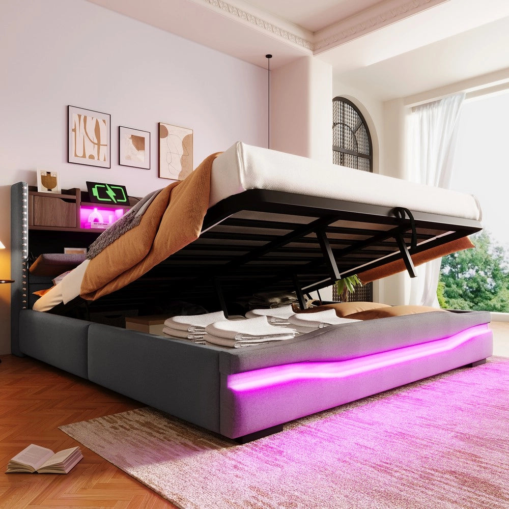 Letto Imbottito Contenitore con LED e USB ¨C Xylo ¨C Grigio 180x200