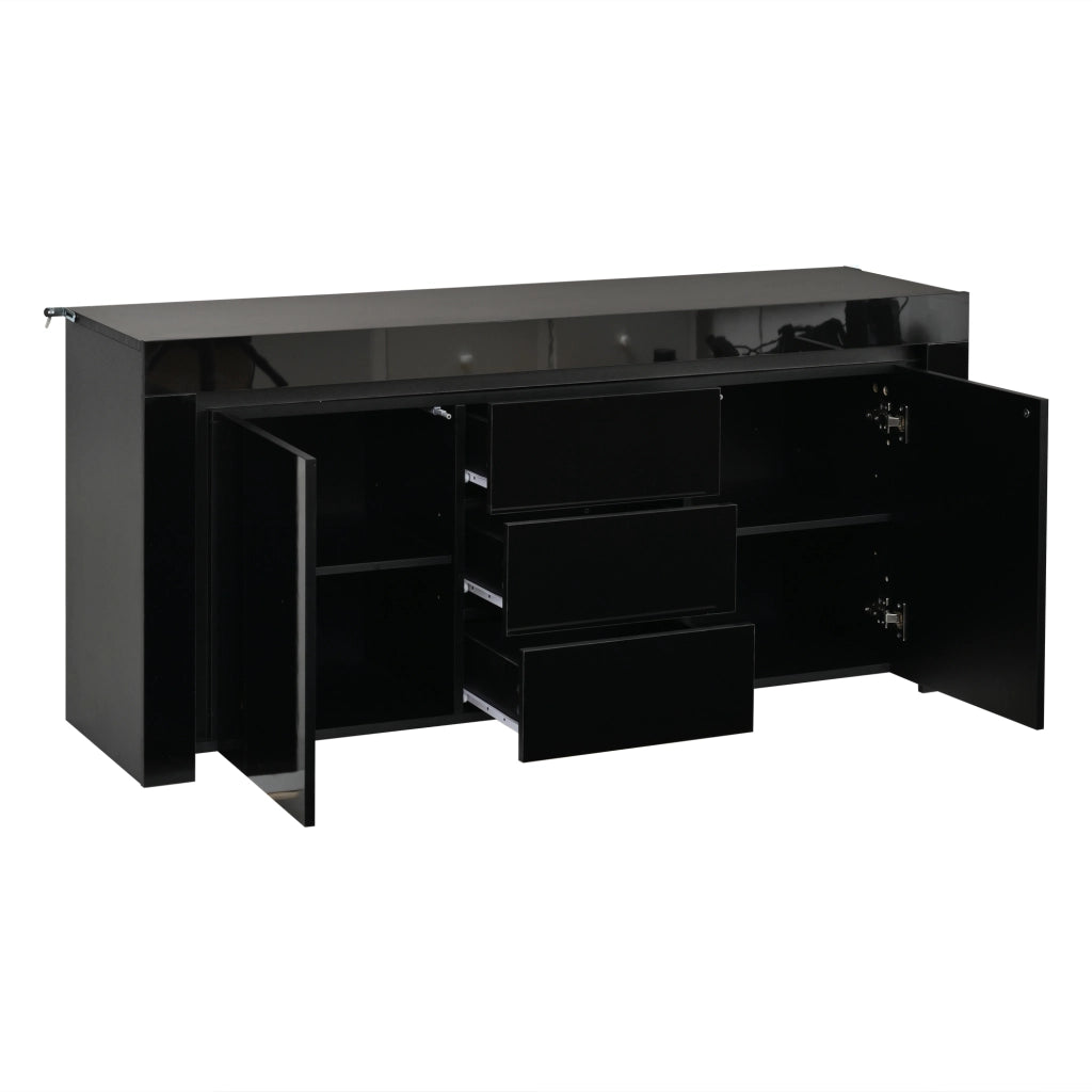 Sideboard moderno 140x40x65 cm con 2 porte; 3 cassetti e LED; nero lucido