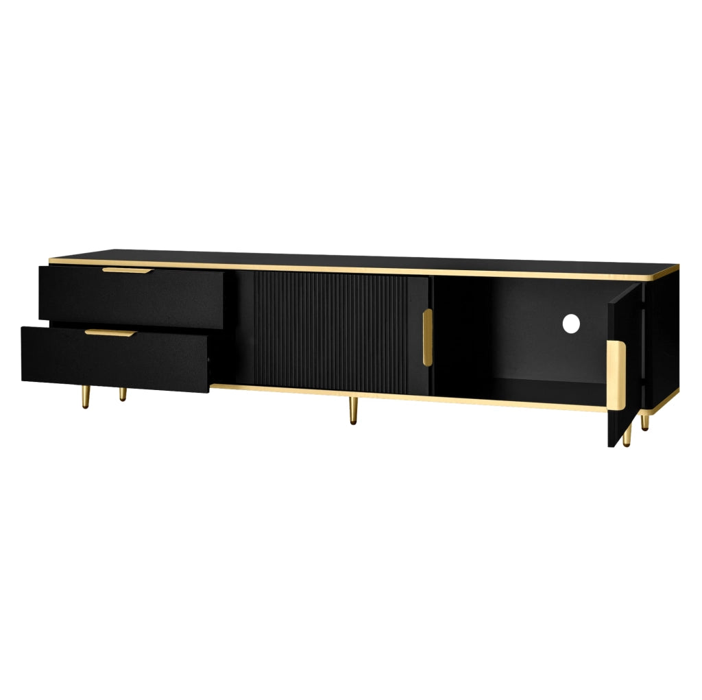 Mobile TV 170x45x37 cm con 2 cassetti e vani chiusi in MDF nero e oro