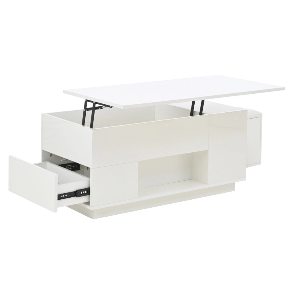 Tavolino da caff¨¨ elevabile 100x50 cm con LED, 2 cassetti e 2 sgabelli bianco