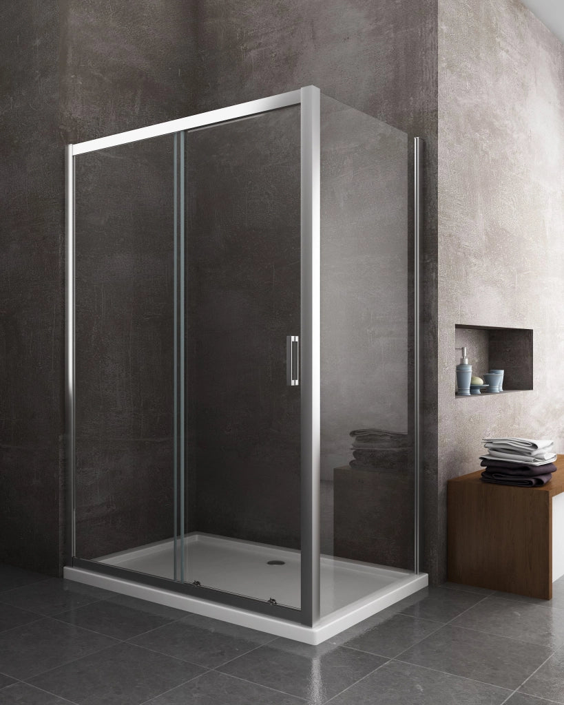 Box doccia angolare parete fissa e ANTA FISSA + PORTA scorrevole vetro 6 mm MISURA 67,5-70 ANTA FISSA + PORTA 115-120