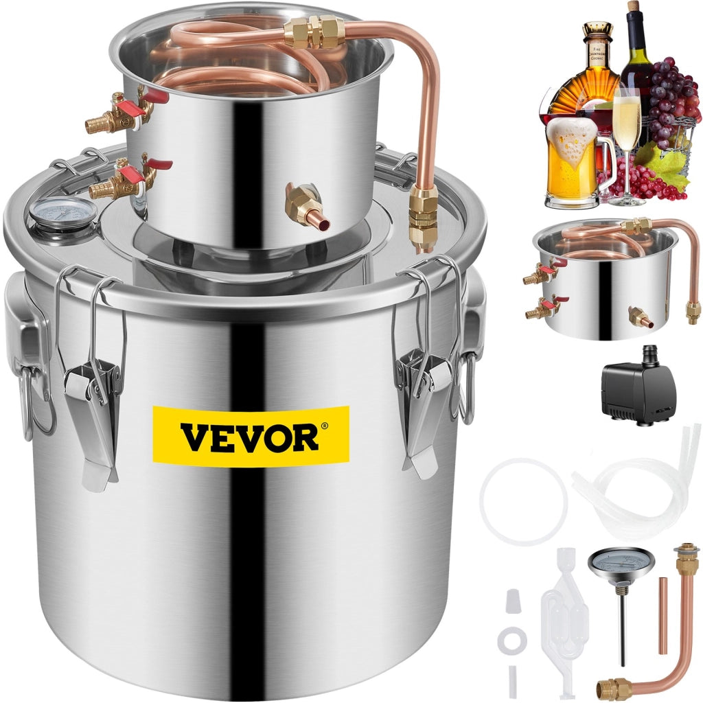 Kit Distillatore Alambicco 30L in Acciaio Inox e Rame 35 x 35 cm con Pompa d'Acqua Pratico per Fai da Te