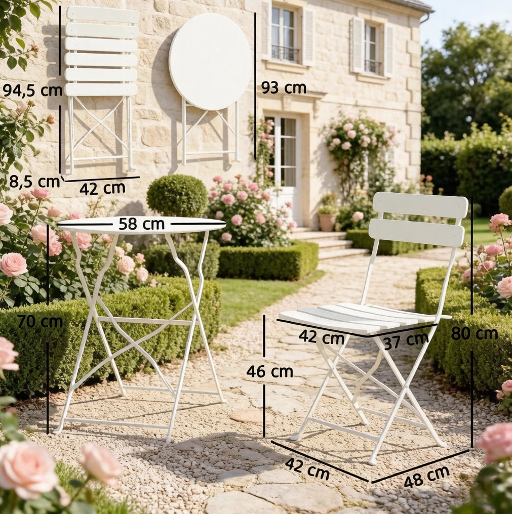 Set bistrot pieghevole da esterno crema, tavolo e 2 sedie