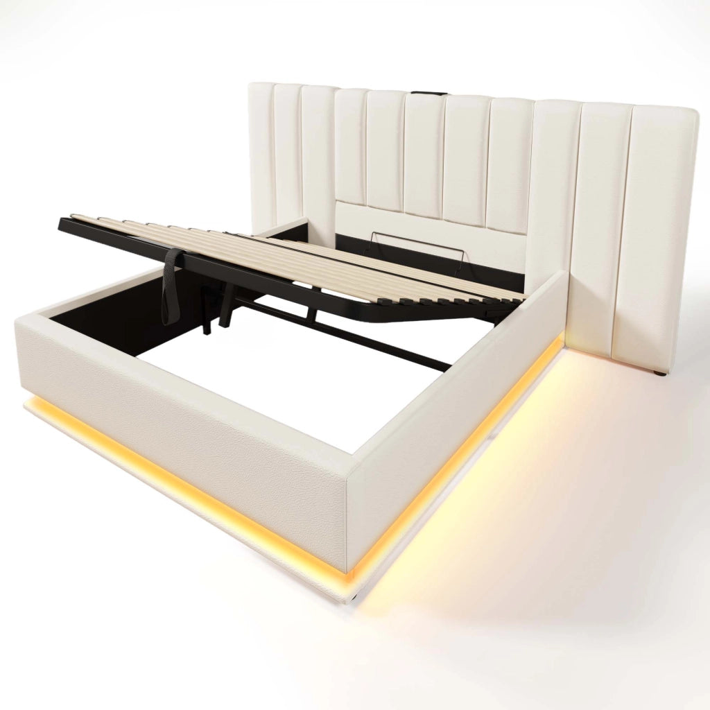 Letto matrimoniale 180x200 contenitore con LED; USB-C; PU bianco