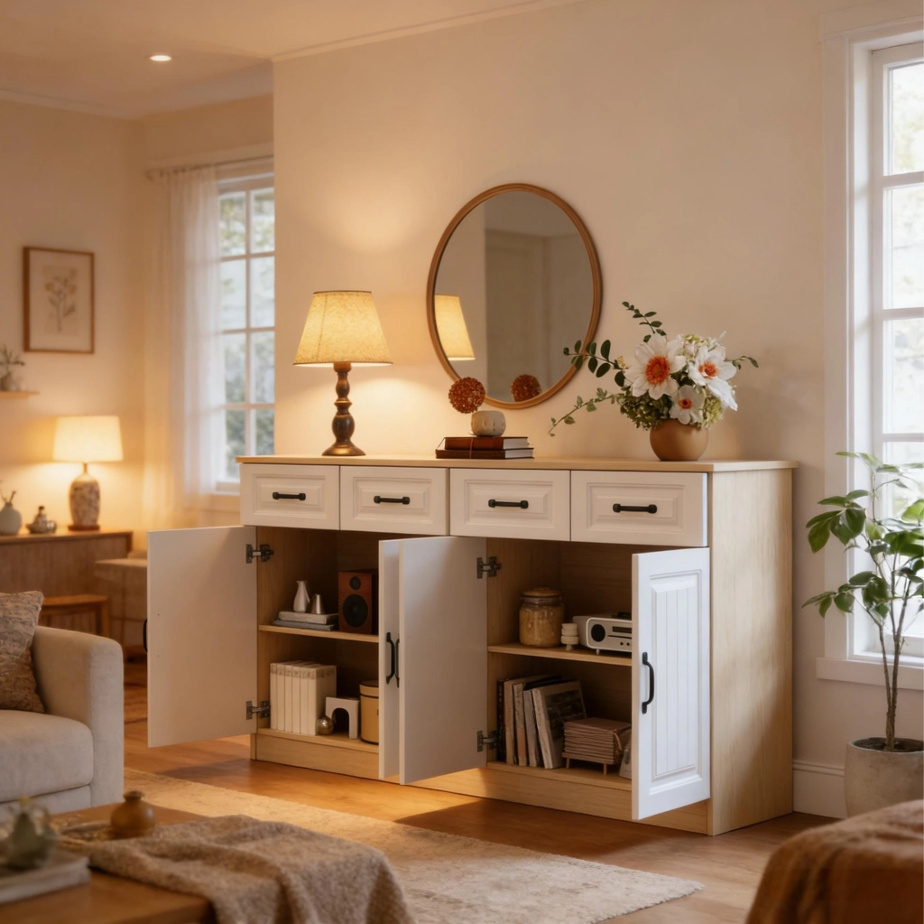 Credenza 160x35x80 cm con 4 cassetti e 4 ante in MDF bianco