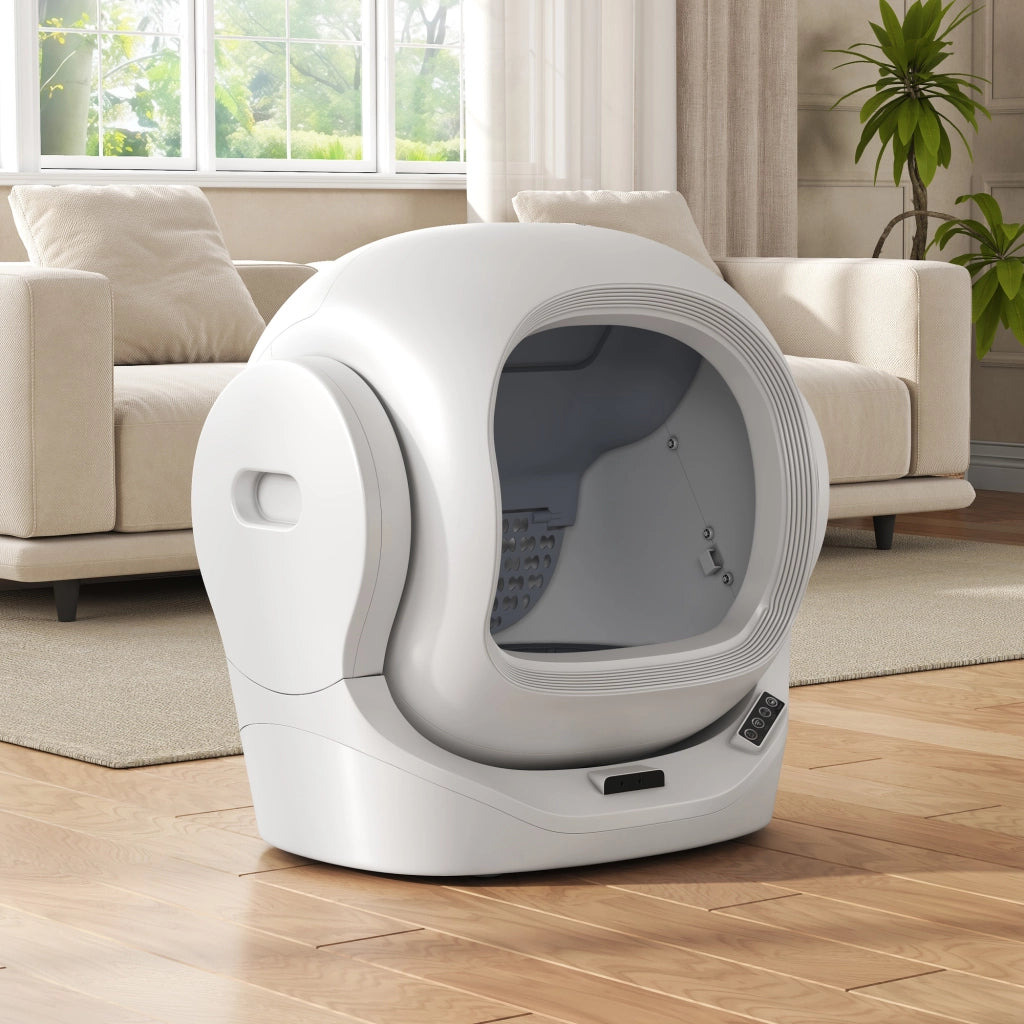 Lettiera automatica per gatti con app; 68 L; contenitore rifiuti 8 L; bianca