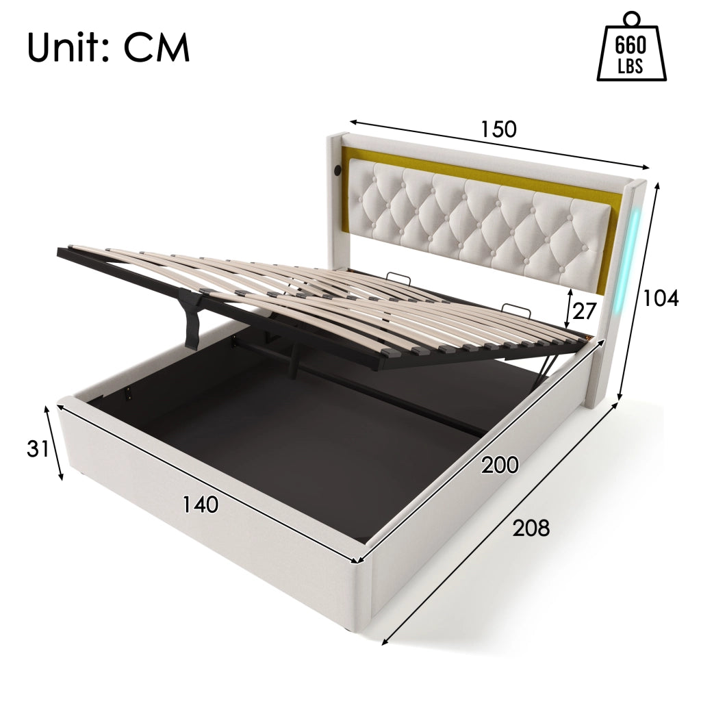 Letto matrimoniale LED 140x200 in cotone beige con USB e Type-C, contenitore e rete a doghe