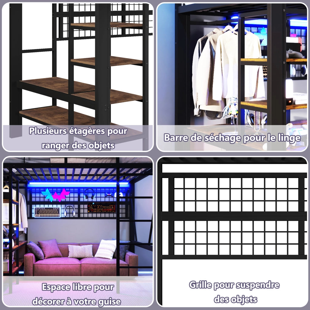 Letto a soppalco in metallo con rete appendi, LED e scala, 140x200 cm, nero