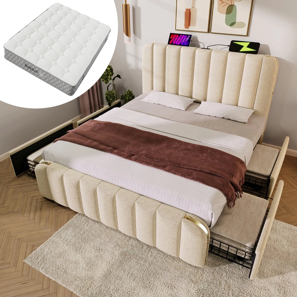 Letto Imbottito Matrimoniale con Cassetti e USB ¨C Xylo ¨C Beige, 140x200