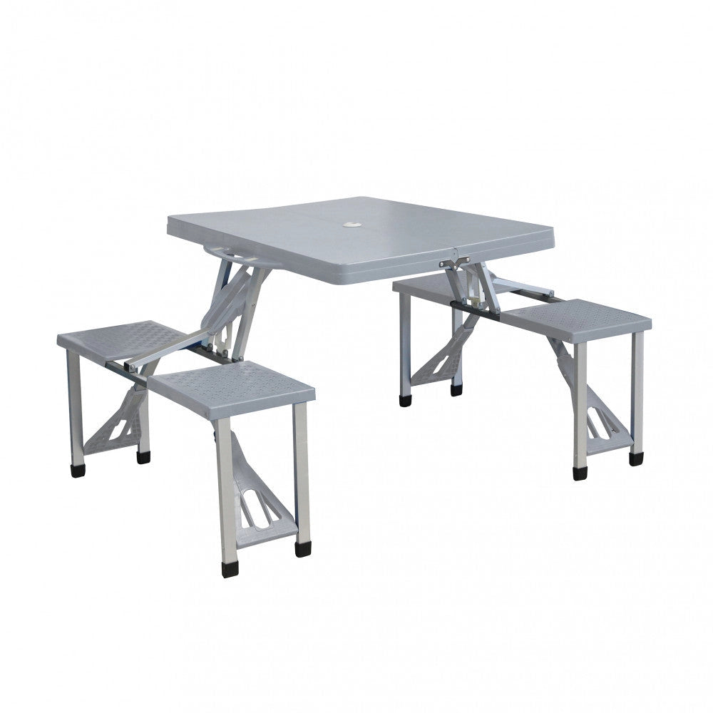 Set Tavolo Pieghevole con 4 Sgabelli da Campeggio in Alluminio Grigio