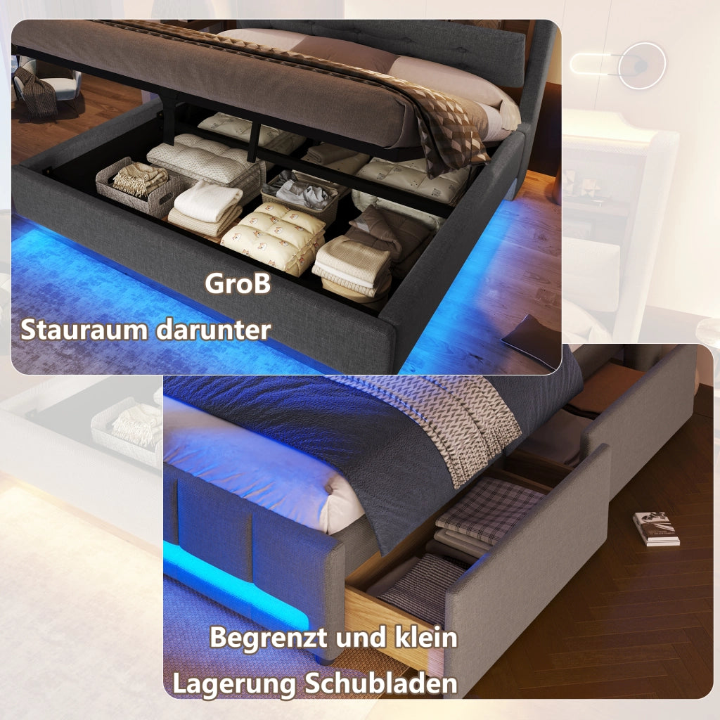 Letto imbottito 140 ¡Á 200 cm con vano idraulico LED USB e tipo C in lino e MDF grigio