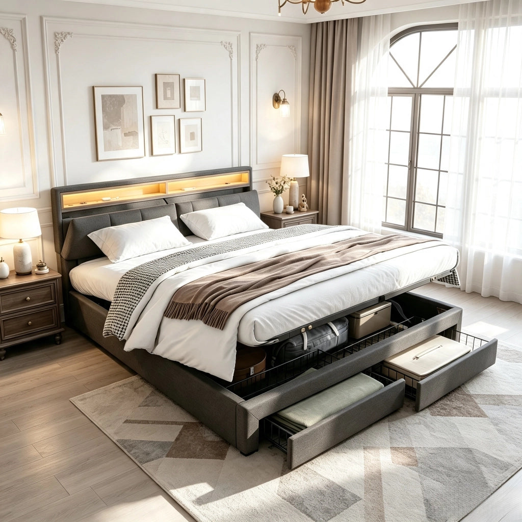Letto matrimoniale contenitore 160x200 cm con testiera imbottita LED e porta USB cassetti e rete a doghe in lino-grigio