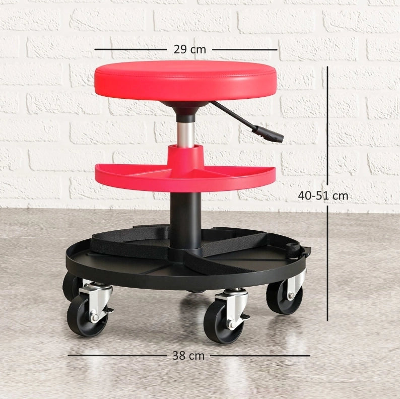 Sgabello da officina ULEVR regolabile 40-51 cm con ruote, vassoi portautensili e portata 135 kg, rosso