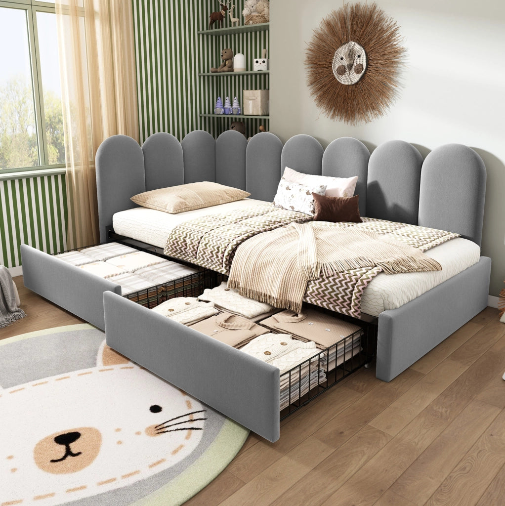 LETTO Divano 90x200 cm in velluto grigio con 2 cassetti