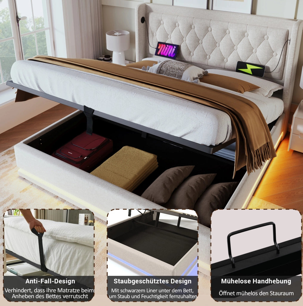 Letto matrimoniale 160x200 cm con contenitore; LED e USB Type-C; imbottito beige in cotone