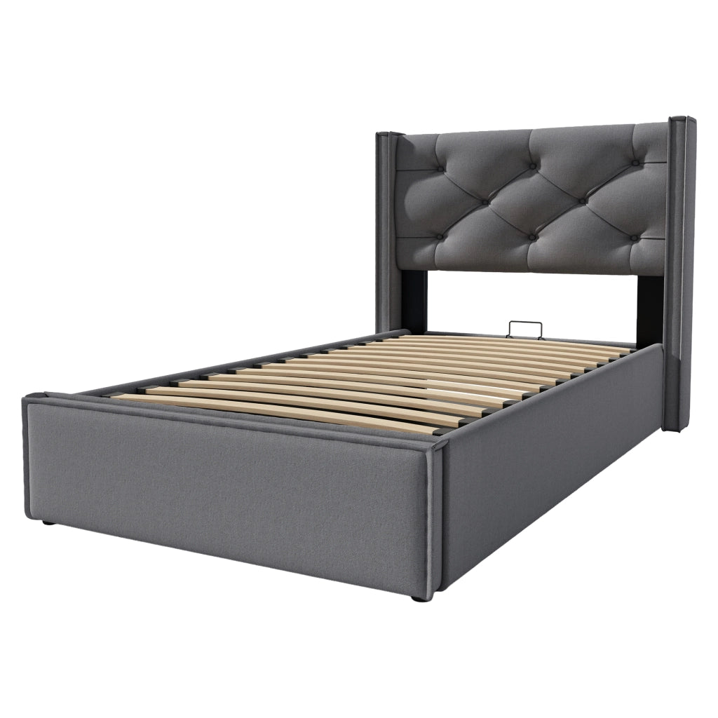 Letto singolo imbottito 90x200 con contenitore e rete sollevabile; cotone grigio