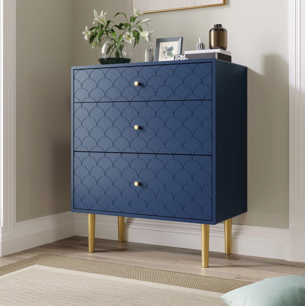 Comò con 3 cassetti, colore blu navy, 75 x 40 x 89 cm