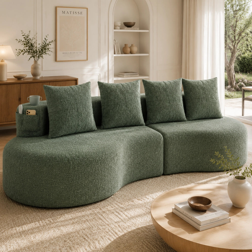 DIVANO in lino 240x109x63 cm verde con 4 cuscini