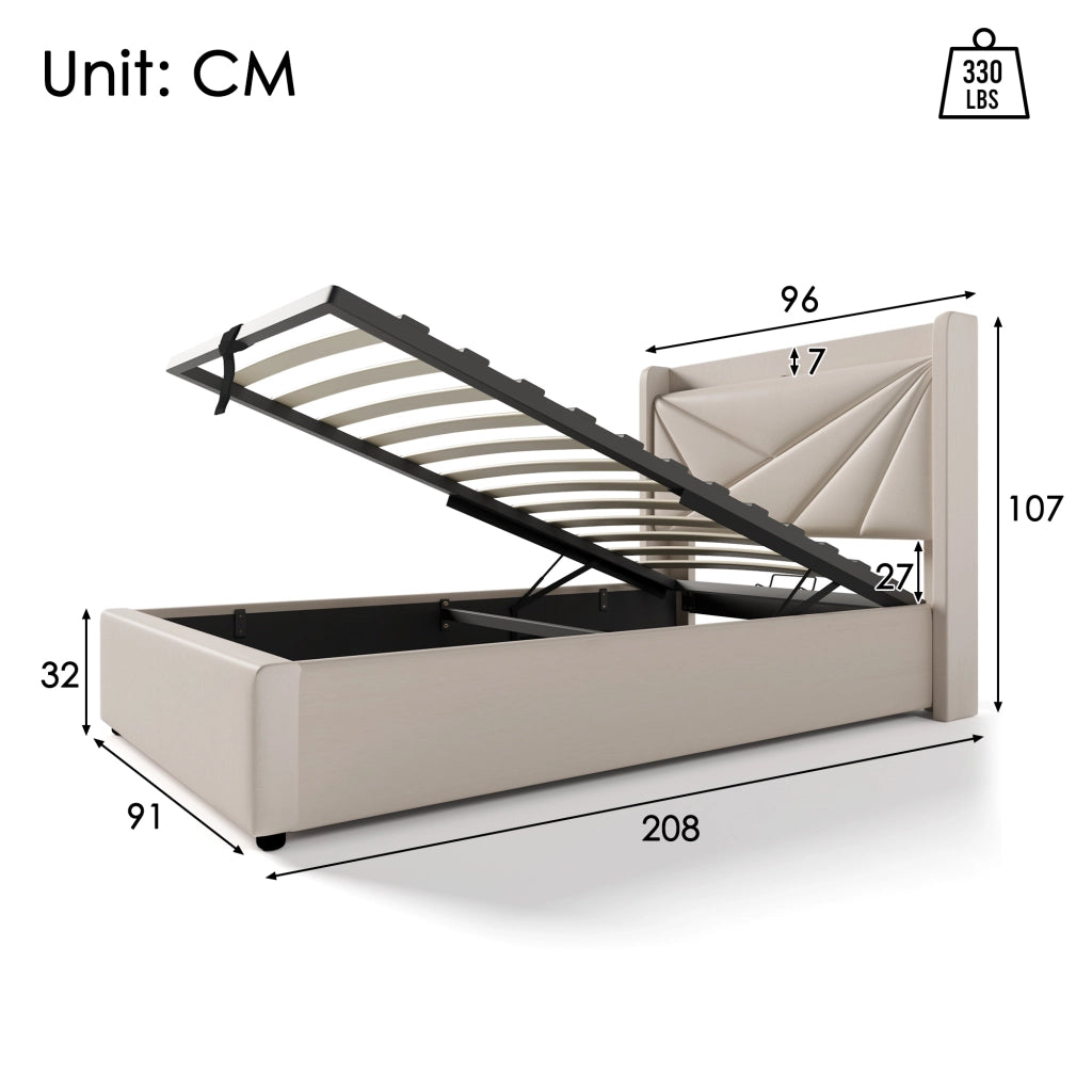 Letto singolo contenitore 90x200 beige con testiera geometrica