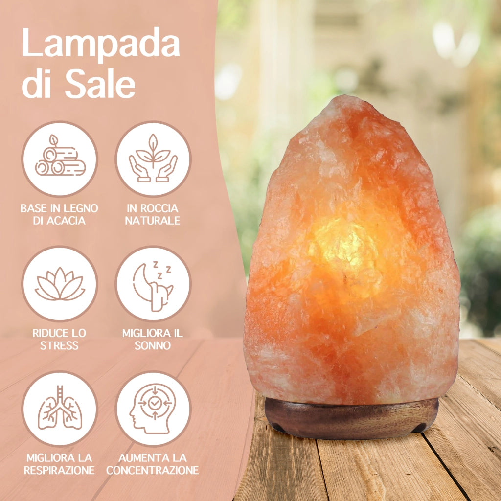 Lampada Di Sale Himalayano Originale Naturale Realizzata A Mano Con Base In Legno Di Acacia Pezzo Unico Prodotto Certificato  Con Spina Europea  - 13.5x20.5Cm-3Kg