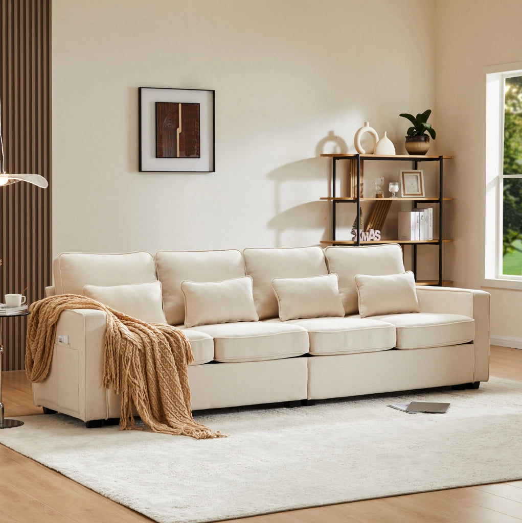 SOFA 4 posti in tessuto lino Beige con 4 cuscini lombari