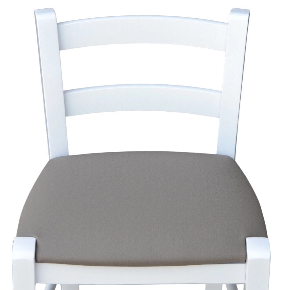 Sgabello in legno bianco laccato con seduta similpelle tortora h 80 cm