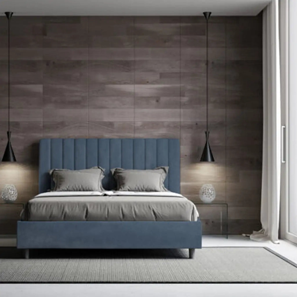 Letto matrimoniale francese con rete imbottito 140x190 microfibra blu Agueda