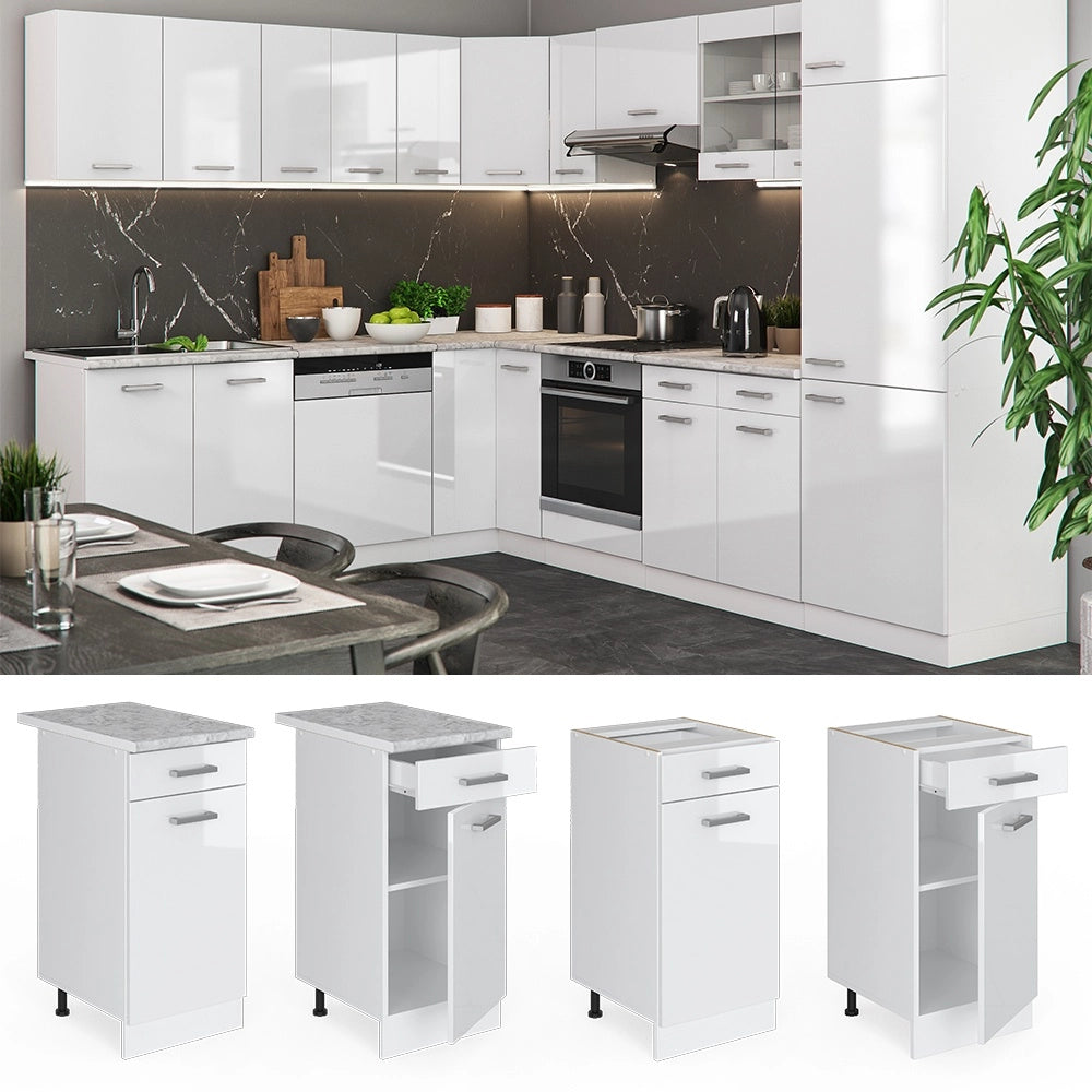 Mobiletto base per cucina R-Line Bianco lucido/Bianco 40 cm, PL Marmo Vicco