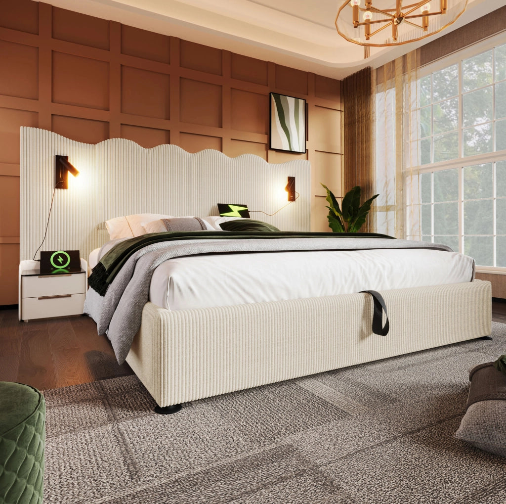 Letto matrimoniale 180x200 beige con contenitore e USB-C