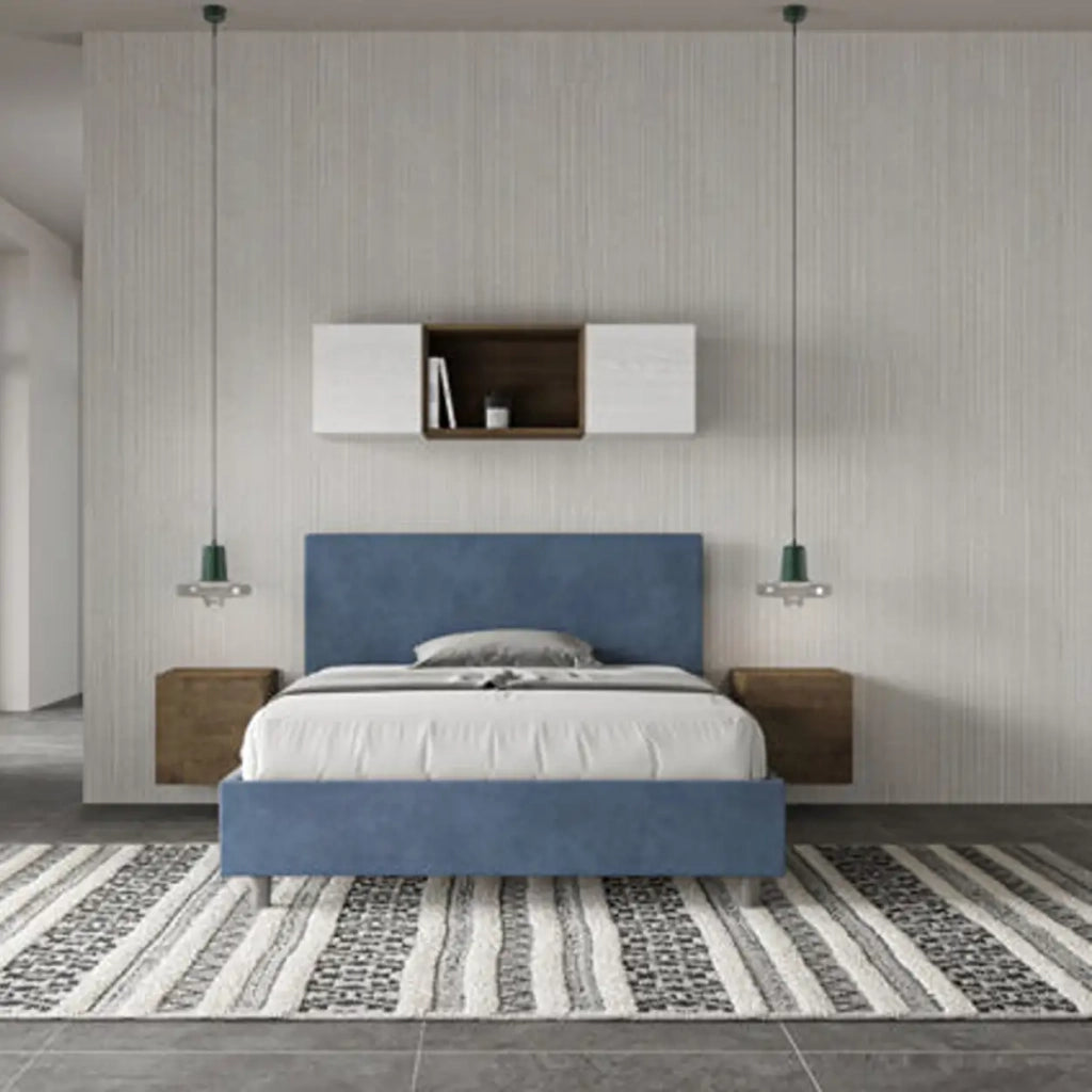 Letto matrimoniale francese senza rete imbottito 140x200 microfibra blu Adele