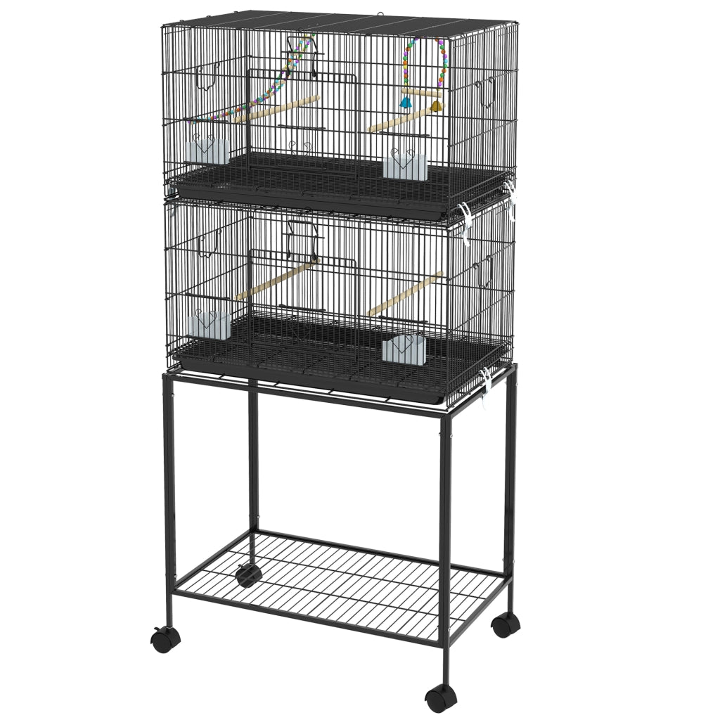Gabbia per Uccelli Doppia Impilabile con Ruote Posatoi Vassoio Estraibile Altalena Scala ¨C Xylo ¨C 77x46x164 cm Nero