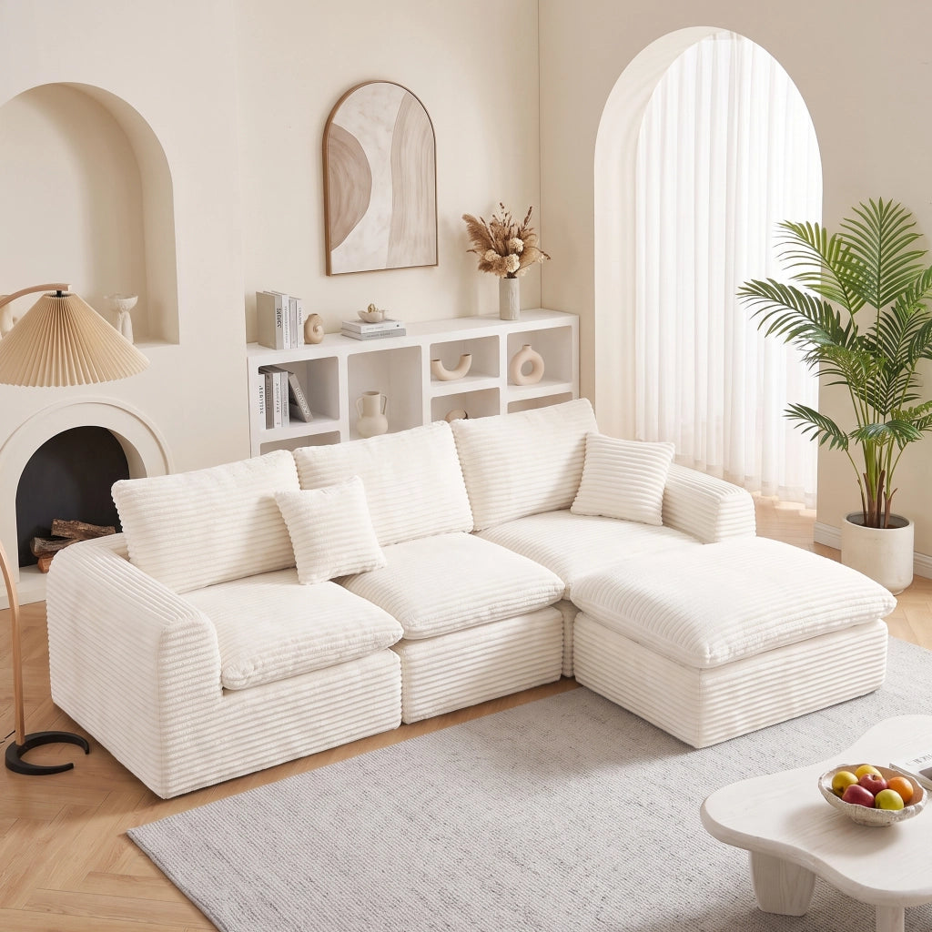 Divano d'angolo 3 posti 280 x 180 cm, 3 moduli, velluto a coste beige, schiuma e molle