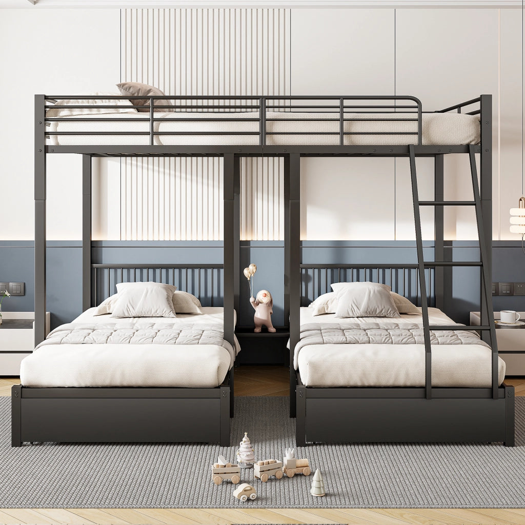 Letto a castello triplo in metallo con cassetti estraibili, trasformabile in 3 letti separati 140 x 200 e 90 x 200