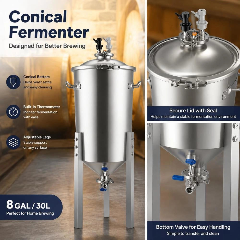 Pressure Fermenter 15 PSI, 8 Gal/30L All-in-One Stainless Steel Conical Secondary Fermentation Bucket, For Wine, Beer Brewing Equipment
