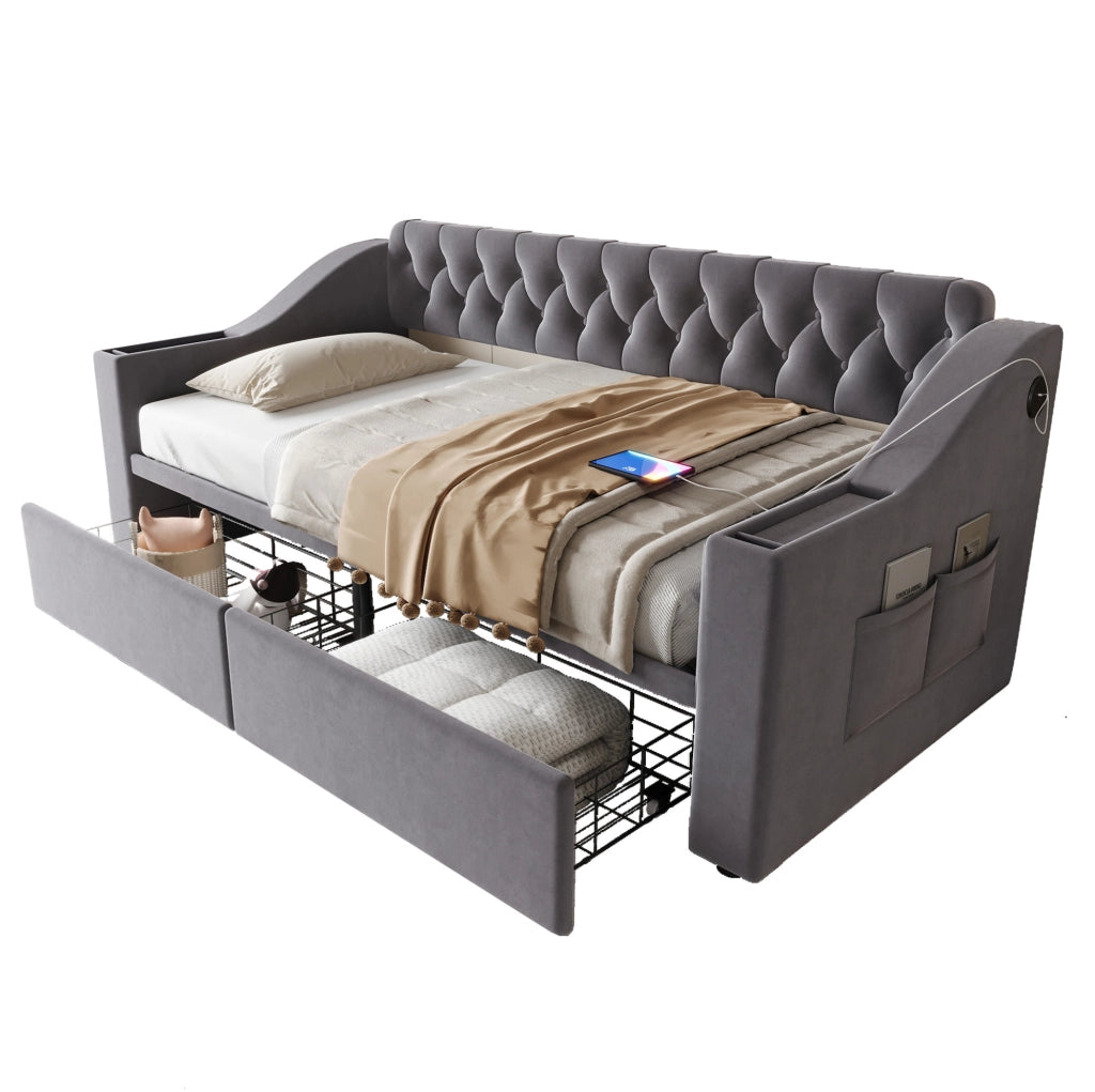 Divano letto imbottito 90x190 cm in velluto grigio con contenitore; USB e USB-C
