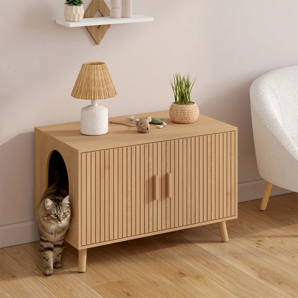 IDMarket - Sedile per gatti JULIETTE con doppia porta e doghe in legno color rovere