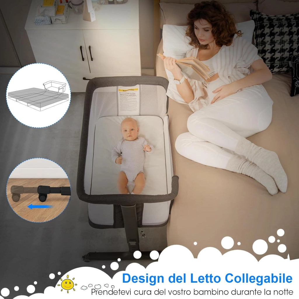 3 in 1 Culla Neonato Fianco Letto, Lettino Neonato Dondolo con Materasso, Culla Co-Sleeping Fino a 9 kg, Altezza Regolabili, Inclinazione di 10°, 84 x 59,5 x 80,5cm (Grigio Scuro)