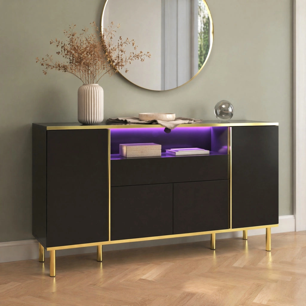Sideboard nero lucido con LED; 150x40x80 cm; in MDF e truciolare