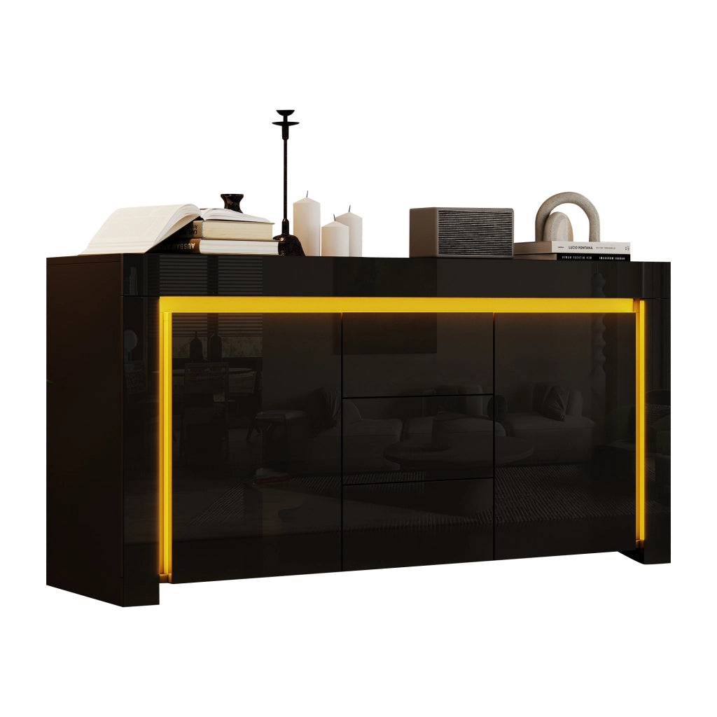 Sideboard moderno 140x40x65 cm con 2 porte; 3 cassetti e LED; nero lucido