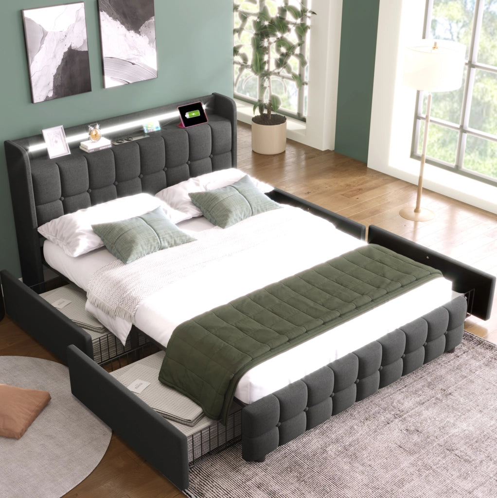 Letto imbottito 160x200 cm con LED; prese e USB; 4 cassetti; grigio