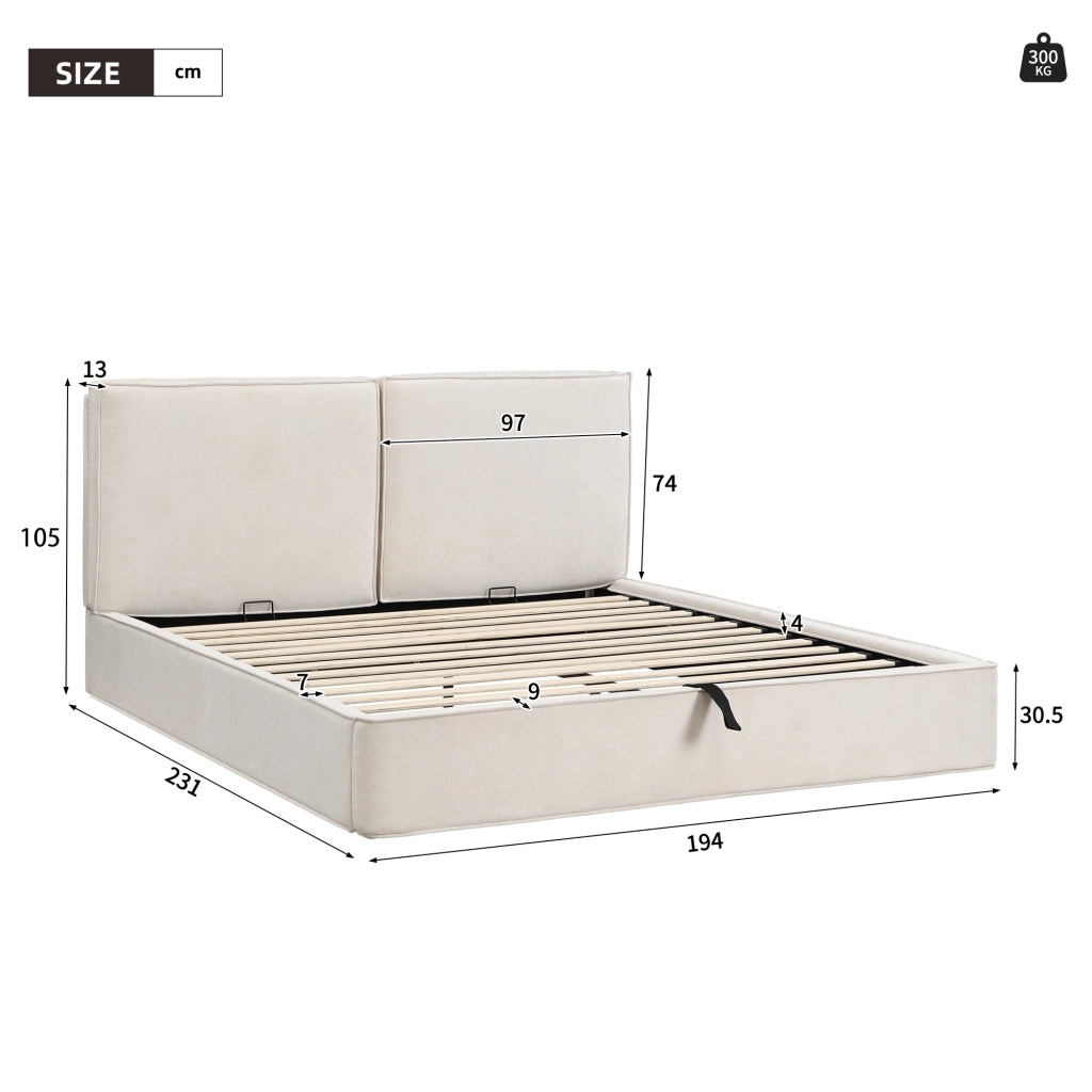 Letto matrimoniale imbottito con contenitore idraulico, chenille beige