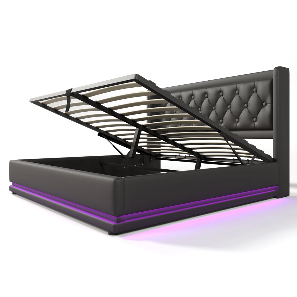 Letto imbottito 180x200 cm con contenitore; LED e USB Type-C in PU nero