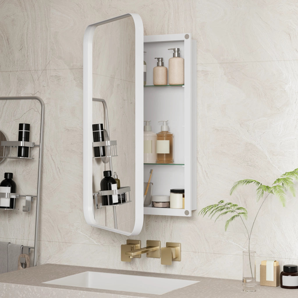 Mobile con specchio con 2 ripiani regolabili - per bagno e camera da letto - bianco